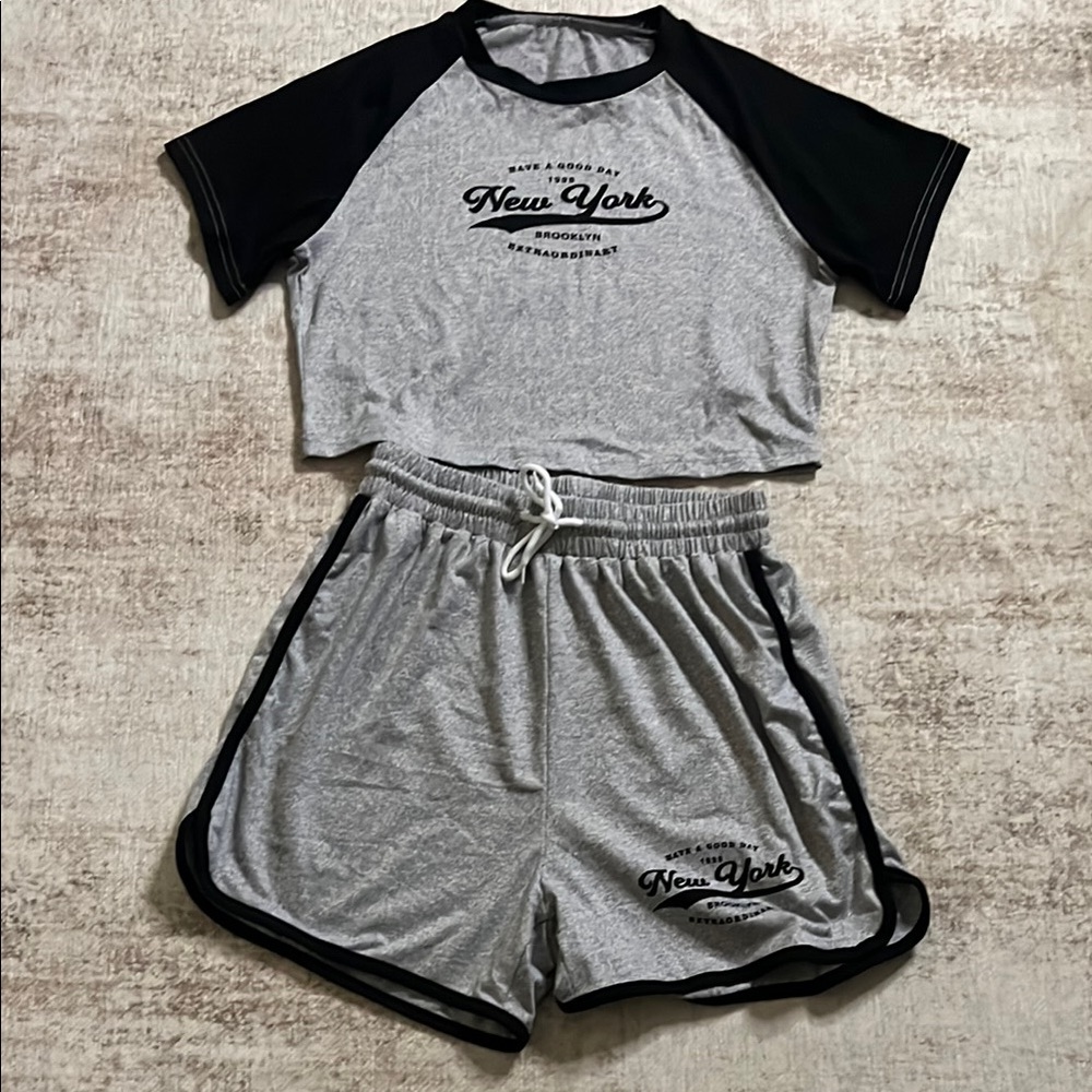 Gray and Black New York Graphic Tee and Shorts Set
